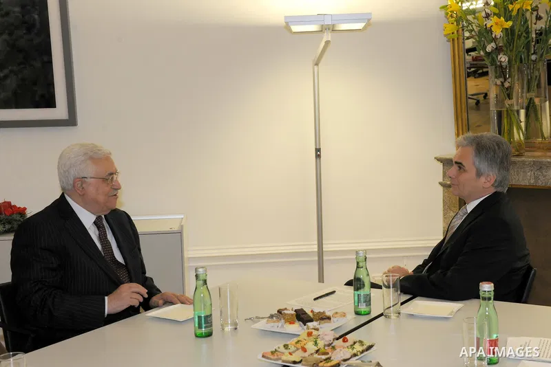 Palestinian President Mahmoud Abbas meets with the Austrian Chancellor, in Vienna November 28, 2011. Abbas is on a one-day official visit to Austria. Photo by Thaer Ganaim