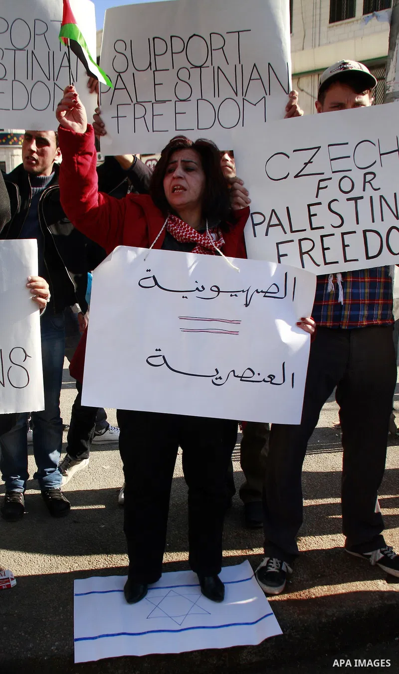 Palestinian and foreign peace activists hold placards during a gathering to mark the International Day of Solidarity with the Palestinian People, on November 29, 2011 in the West Bank city of Nablus. Photo by Wagdi Eshta...