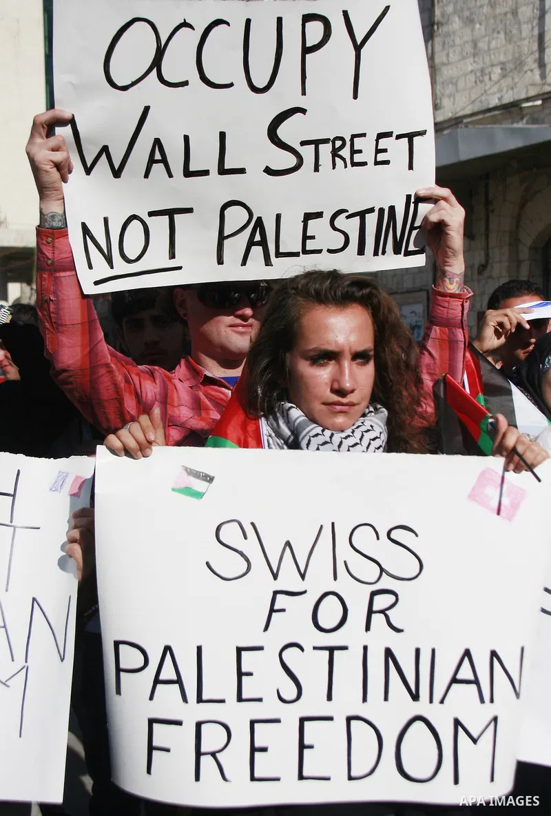 Palestinian and foreign peace activists hold placards during a gathering to mark the International Day of Solidarity with the Palestinian People, on November 29, 2011 in the West Bank city of Nablus. Photo by Wagdi Eshta...