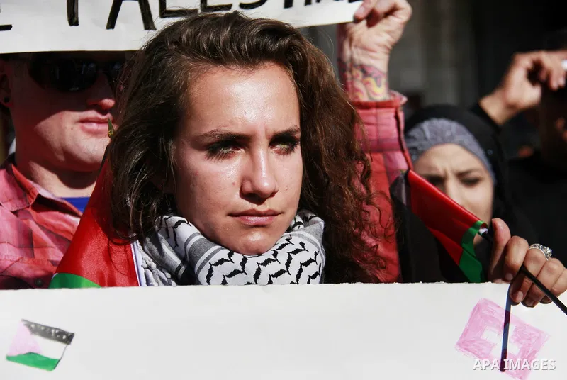 Palestinian and foreign peace activists hold placards during a gathering to mark the International Day of Solidarity with the Palestinian People, on November 29, 2011 in the West Bank city of Nablus. Photo by Wagdi Eshta...