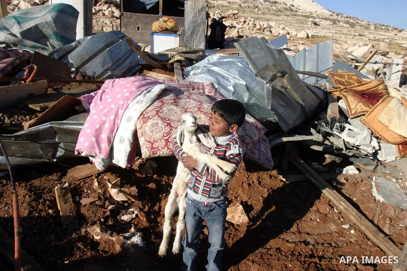 Palestinian Bedouin children collect belongings amidst the rubble of a structure after it was razed by the Israeli army in the West Bank village of Zayem, near Jerusalem November 29, 2011. According to Israeli authoritie...