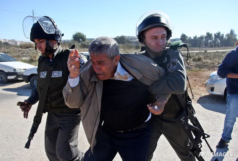 A Palestinian man is carried by Israeli border police officers after he tried to block a construction vehicle from working on Israel's barrier in the West Bank village of Qaladiya near Ramallah December 4, 2011. Accordin...