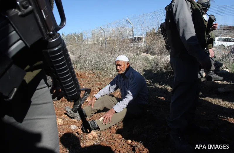 Israeli border police officers scuffle with a Palestinian man after he tried to block a construction vehicle from working on Israel's barrier in the West Bank village of Qaladiya near Ramallah December 4, 2011. According...