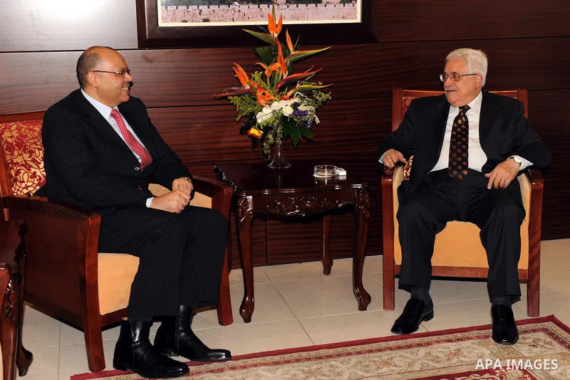 Palestinian President Mahmoud Abbas (Abu Mazen) meets with the Egyptian ambassador, Yasser Osman in the West Bank city of Ramallah on Dec. 4,2011. Photo by Mufeed Abu Hasnah