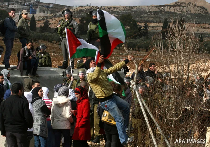 Palestinian demonstrators wave their national flag during a protest against the construction of Israel's separation barrier in the West Bank village of Qalandia, near Ramallah, on December 9, 2011. Photo by Issam Rimawi