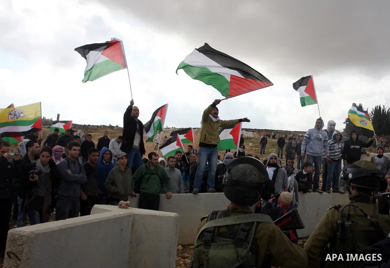 Palestinian demonstrators wave their national flag during a protest against the construction of Israel's separation barrier in the West Bank village of Qalandia, near Ramallah, on December 9, 2011. Photo by Issam Rimawi