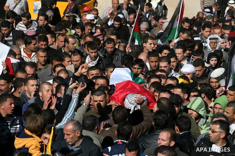 Palestinians carry the body of Mustafa Tamimi during his funeral in the West Bank city of Ramallah, Sunday, Dec. 11, 2011. Tamini, 28, was hurling rocks at an Israeli military vehicle on Friday in the West Bank village o...