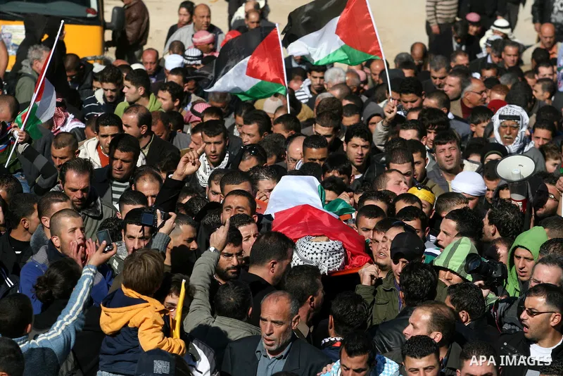 Palestinians carry the body of Mustafa Tamimi during his funeral in the West Bank city of Ramallah, Sunday, Dec. 11, 2011. Tamini, 28, was hurling rocks at an Israeli military vehicle on Friday in the West Bank village o...