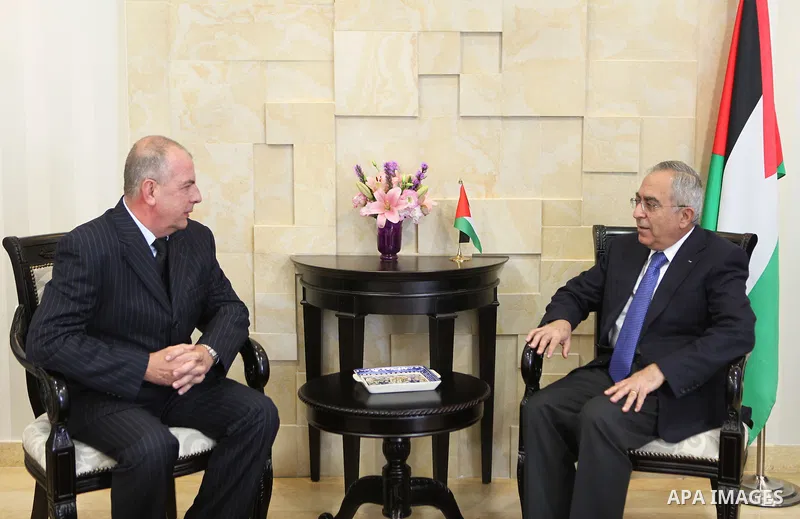 Palestinian Prime Minister, Salam Fayyad, receives representative of Ukraine for the Palestinian Authority, Mr. Ihor Tercin, in the West Bank city of Ramallah, on Dec. 12, 2011. Photo by Mustafa Abu Dayeh