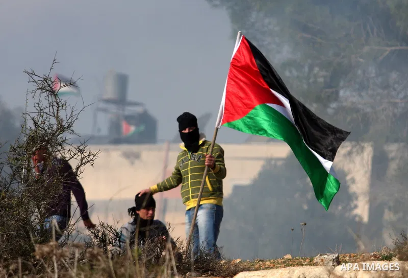 A Palestinian demonstrator waves his national flag during clashes at a weekly protest against a nearby Jewish settlement, in the West Bank village of Nabi Saleh, near Ramallah December 16, 2011. Some 100 demonstrators to...