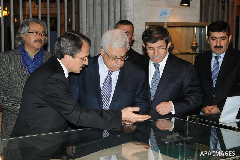 Palestinian President, Mahmoud Abbas (Abu Mazen) during Maghrib prayer in the mosque of 'ACPI' with the Turkish Foreign Minister Ahmed Daoud Ihsanoglu in Konya City in Turkey on Dec. 19, 2011. Photo by Thaer Ghanaim