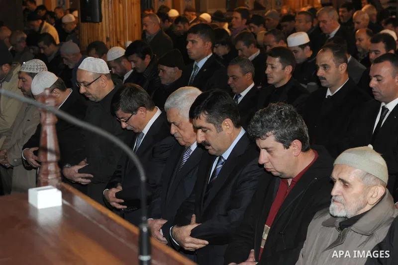 Palestinian President, Mahmoud Abbas (Abu Mazen) during Maghrib prayer in the mosque of 'ACPI' with the Turkish Foreign Minister Ahmed Daoud Ihsanoglu in Konya City in Turkey on Dec. 19, 2011. Photo by Thaer Ghanaim
