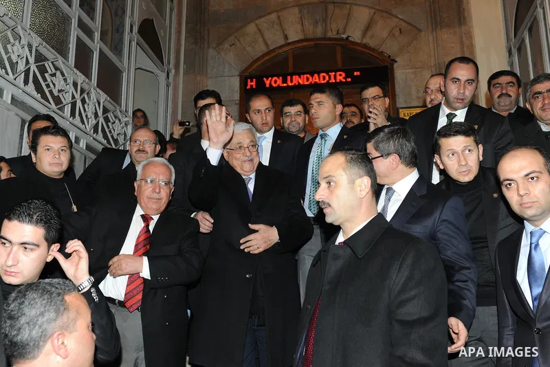 Palestinian President, Mahmoud Abbas (Abu Mazen) during Maghrib prayer in the mosque of 'ACPI' with the Turkish Foreign Minister Ahmed Daoud Ihsanoglu in Konya City in Turkey on Dec. 19, 2011. Photo by Thaer Ghanaim
