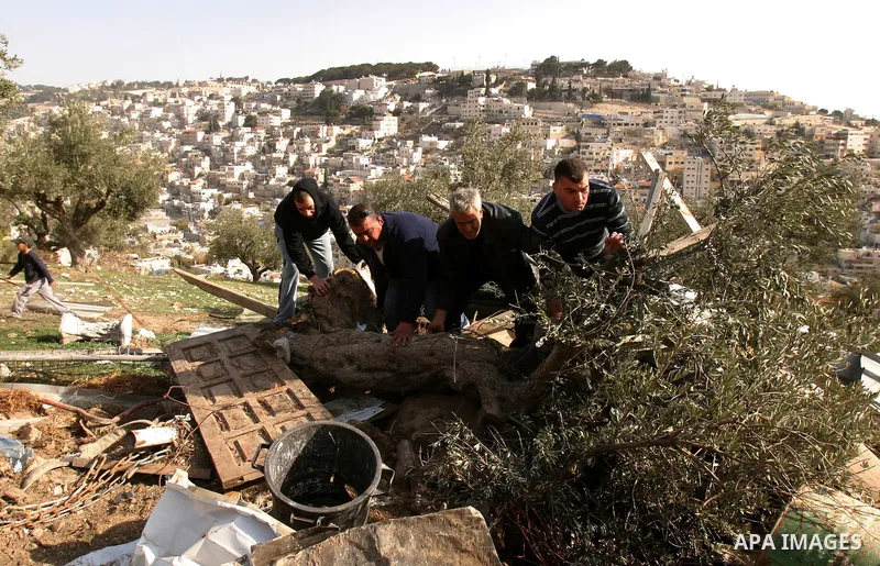 Palestinians sit on the rubble of a storehouse after an Israeli bulldozer destroys a storehouse in east Jerusalem neighborhood of Silwan on Dec 20,2011, where Palestinian houses are threatened to be demolished by the Isr...