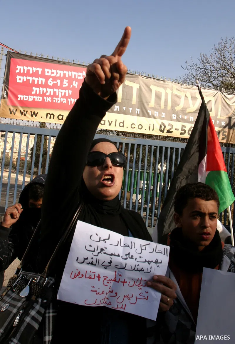 Palestinians, Israelis and foreign activists take part in a protest to show solidarity with Palestinian families against a Jewish settlement in Ras El Amoud neighbourhood in East Jerusalem on Dec 20, 2011. Photo by Mahfo...