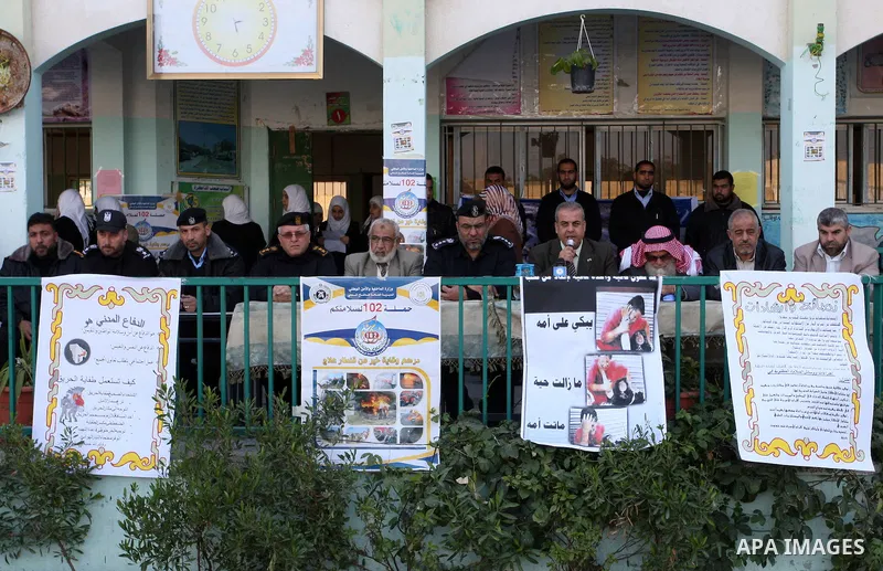 Palestinian Security officials take part in a civil defence exercises at a school in Rafah, in the southern of Gaza Strip on December 22, 2011. Photo by Abed Rahim Khatib