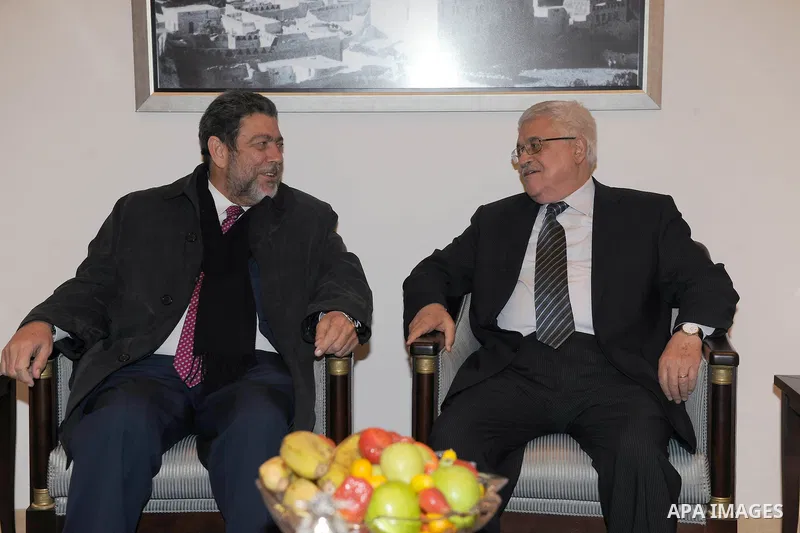 Palestinian President, Mahmoud Abbas (Abu Mazen) meets with Prime Minister of St. Vincent in the west bank city of Bethlehem, on Dec. 24, 2011. Photo by Thaer Ganaim