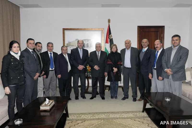 Palestinian President, Mahmoud Abbas (Abu Mazen), meets of the International Federation of Sports Karate, Antonio Aortoita, in the West Bank city of Ramallah on Dec.28, 2011. Photo by Thaer Ganaim