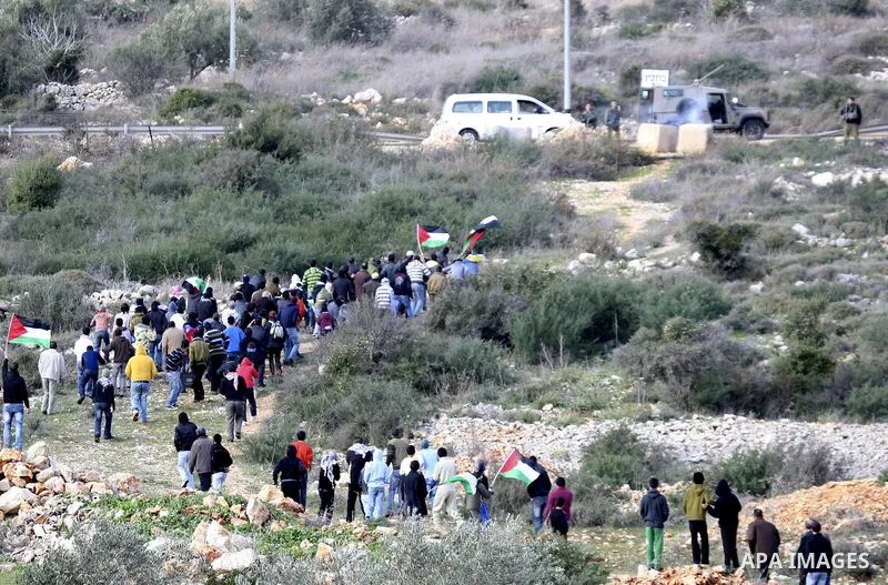 Palestinian and Activists run away from tear gas during a protest against the expansion of the nearby Jewish settlement of Halamish in the West Bank village of Kafer qadum, near Nablus, Friday, Jan. 6, 2012. Photo by Wag...