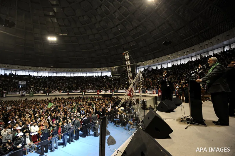 Ismail Haniya, prime minister in the Hamas-ruled Gaza Strip, gestures as he speaks in front of supporters of the Tunisian islamist Ennahdha Party on January 8, 2012 in Tunis. A visit by Gaza's Hamas leader has angered th...