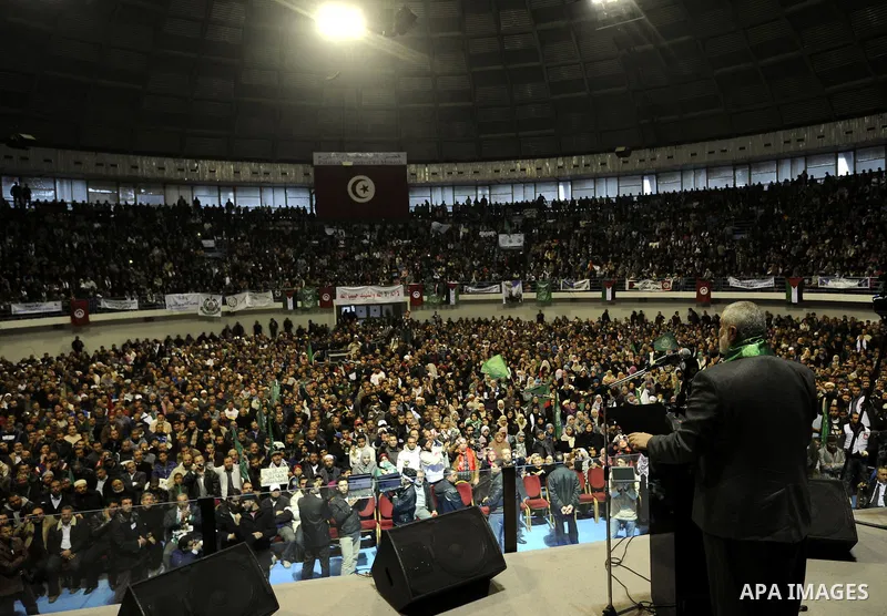 Ismail Haniya, prime minister in the Hamas-ruled Gaza Strip, gestures as he speaks in front of supporters of the Tunisian islamist Ennahdha Party on January 8, 2012 in Tunis. A visit by Gaza's Hamas leader has angered th...