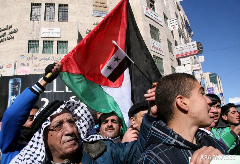 Palestinians hold Syrian flags and signs as they join a demonstration in support for the Syrian President Bashar al-Assad in the West Bank city of hebron on Jan 09, 2012. Photo by Mamoun Wazwaz