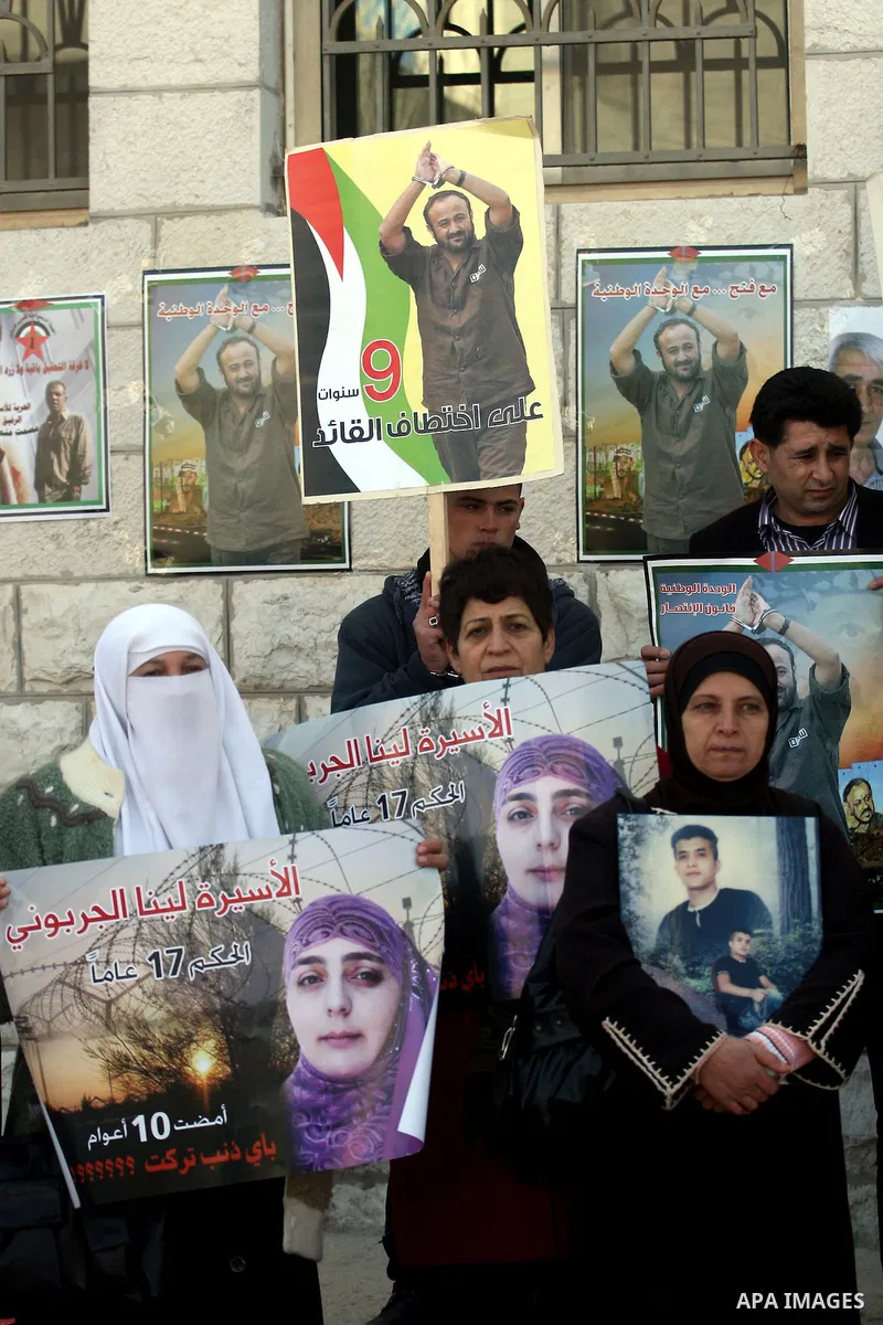 Palestinians hold up pictures of relatives held in Israeli jails during a protest calling for their release, in the West Bank city of Ramallah, on Jan. 10, 2012. Israel currently holds about 6600 Palestinians in its pris...