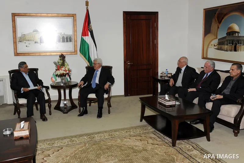 Palestinian President Mahmoud Abbas (Abu Mazen) meets with Indian Foreign Minister, Mr. SM Krishna, in the West Bank City of Ramallah on Jan. 11, 2012. Photo by Thaer Ganaim