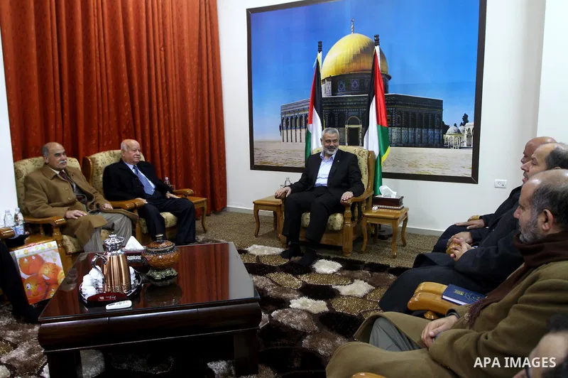 Palestinian Prime Minister in Gaza Strip, Ismail Haniyeh, meets with the leadership of Hamas and Fatah movment to discuss Palestinian reconciliation between the two groups in Gaza City, on Jan 14, 2012. 14, 2012. Photo b...