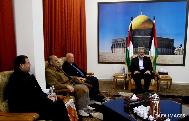 Palestinian Prime Minister in Gaza Strip, Ismail Haniyeh, meets with the leadership of Hamas and Fatah movment to discuss Palestinian reconciliation between the two groups in Gaza City, on Jan 14, 2012. 14, 2012. Photo b...