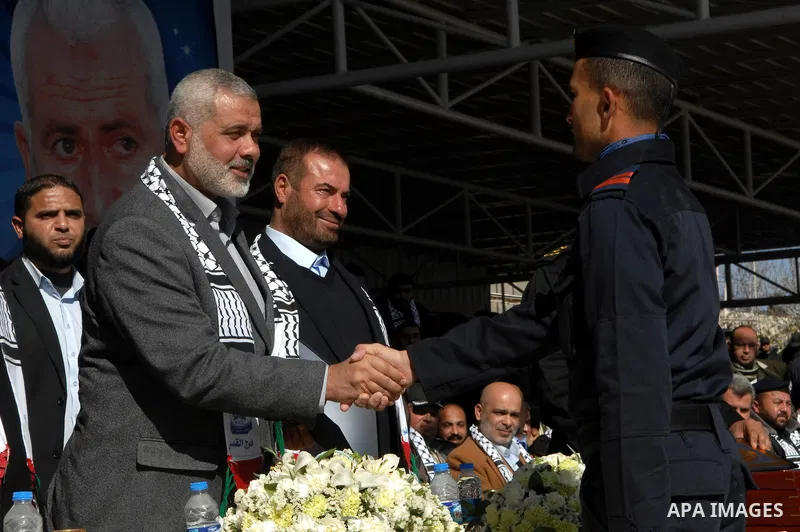 Palestinian Prime Minister in Gaza Strip, Ismail Haniyeh, attends a graduation ceremony Palestinian members of Hamas security forces in Gaza City on Jan. 16, 2012.16, 2012. Photo by Ahmed Shaat