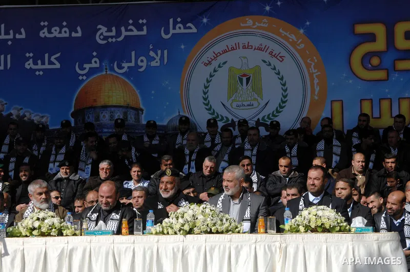 Palestinian Prime Minister in Gaza Strip, Ismail Haniyeh, attends a graduation ceremony Palestinian members of Hamas security forces in Gaza City on Jan. 16, 2012.16, 2012. Photo by Ahmed Shaat