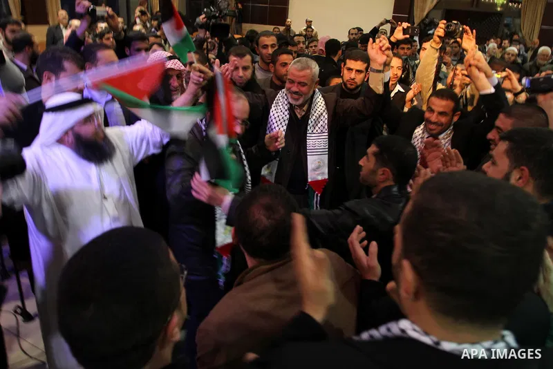 Palestinian prime minister, Ismail Haniya attends a mass wedding organized by Waed Association for around 50 released Palestinian prisoners in Gaza city on January 17, 2012. Israel freed 550 Palestinian prisoners on Dece...