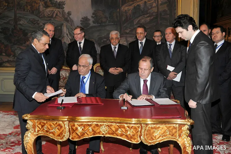 Palestinian President Mahmoud Abbas meets with Russian Foreign Minister Sergei Lavrov and sign agreements in Moscow January 20, 2012. Photo by Thaer Ganaim