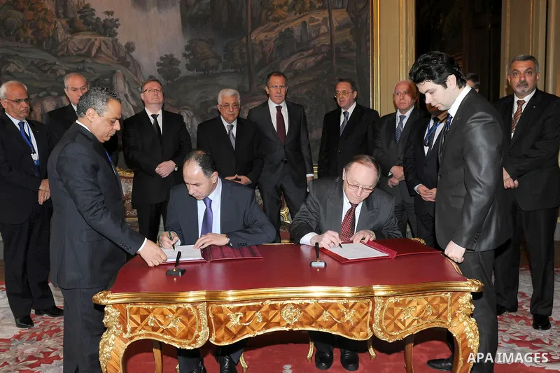 Palestinian President Mahmoud Abbas meets with Russian Foreign Minister Sergei Lavrov and sign agreements in Moscow January 20, 2012. Photo by Thaer Ganaim
