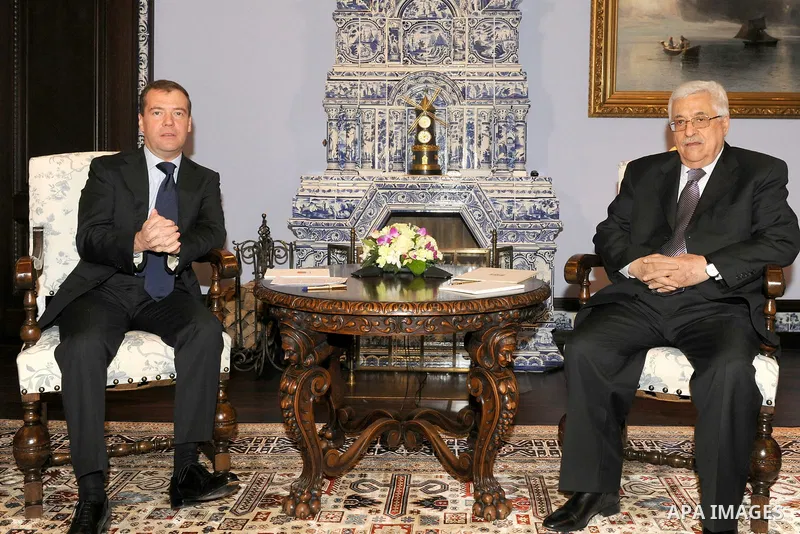 Palestinian President Mahmoud Abbas meets with Russian President Dmitry Medvedev in Gorki residence outside Moscow on Friday on January 20, 2012. Photo by Thaer Ganaim