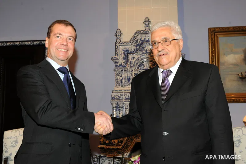 Palestinian President Mahmoud Abbas meets with Russian President Dmitry Medvedev in Gorki residence outside Moscow on Friday on January 20, 2012. Photo by Thaer Ganaim