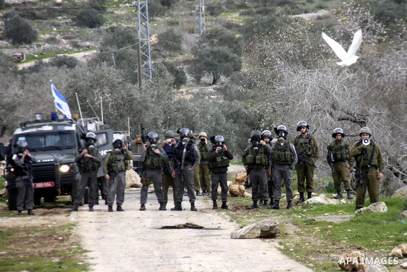 Israeli border officers clash with Palestinian demonstrators during a protest in the village of Kufr Qaddum, near the Israeli settlement of Kdumim, in the northern West Bank, Friday, Jan. 20, 2012. Photo by Wagdi Eshtaya...