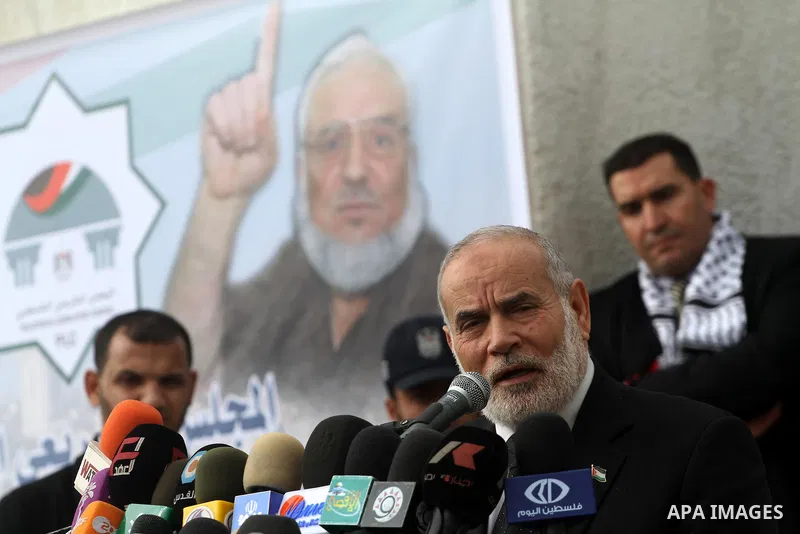 Palestinian Legislative Council members participate in a press conference during a protest in Gaza City on January 21, 2012 in solidarity with Palestinian parliamentary speaker and Hamas member Aziz Dweik, who was arrest...