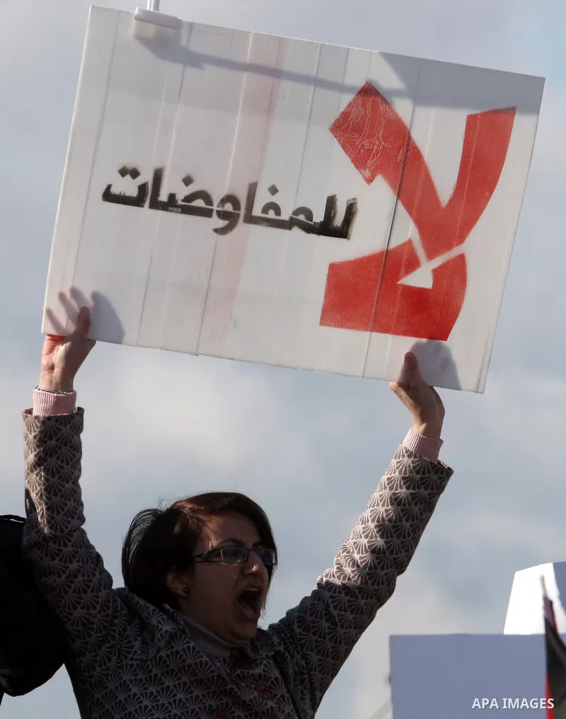 People hold Palestinian flags and placards during a protest against the peace negotiation talks between Palestinians and Israeli in front of Palestinian President Mahmoud Abbas's office in Ramallah, January 21, 2012. The...