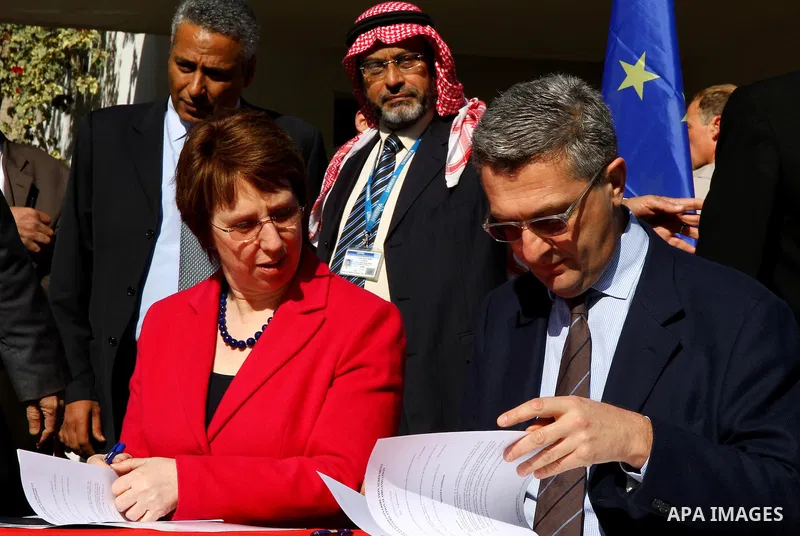 EU foreign policy chief Catherine Ashton meets with Filippo Grandi, Commissioner-General of the UN Relief and Works Agency (UNRWA), in Gaza City , on January 25, 2012. Ashton said that the informal talks between Israel a...