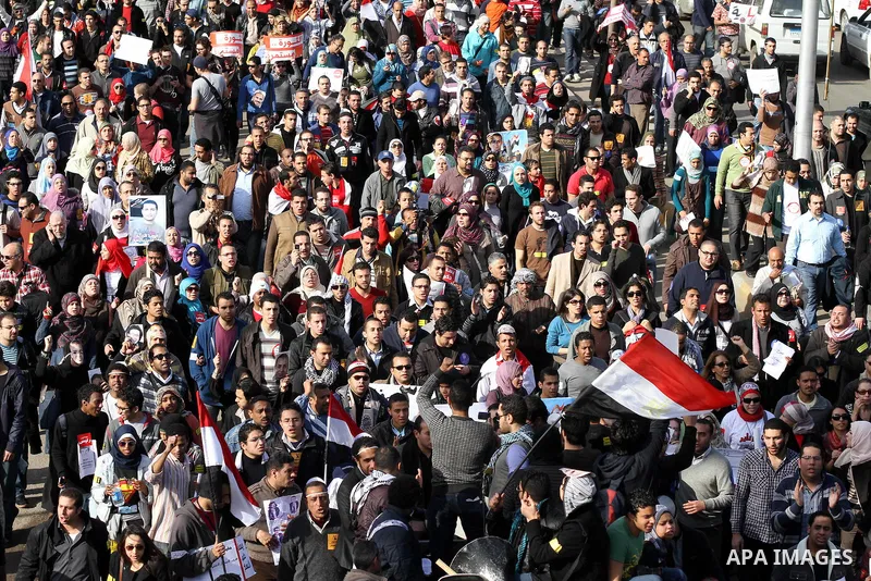 Egyptian demonstrators gather to celebrate the one year anniversary of the 25th January uprising at Tahrir square in Cairo, Egypt, 25 January 2012. One year earlier the same day Egyptians started an uprising which result...
