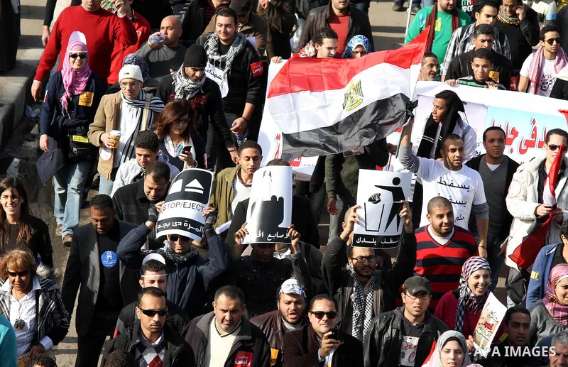 Egyptian demonstrators gather to celebrate the one year anniversary of the 25th January uprising at Tahrir square in Cairo, Egypt, 25 January 2012. One year earlier the same day Egyptians started an uprising which result...