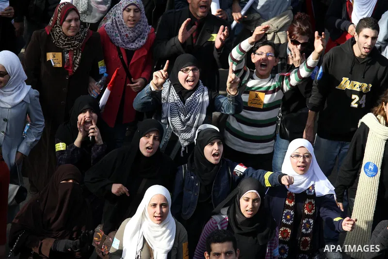 Egyptian demonstrators gather to celebrate the one year anniversary of the 25th January uprising at Tahrir square in Cairo, Egypt, 25 January 2012. One year earlier the same day Egyptians started an uprising which result...