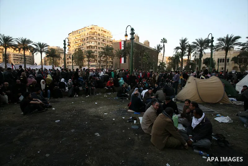 Egyptian demonstrators gather to celebrate the one year anniversary of the 25th January uprising at Tahrir square in Cairo, Egypt, 25 January 2012. One year earlier the same day Egyptians started an uprising which result...