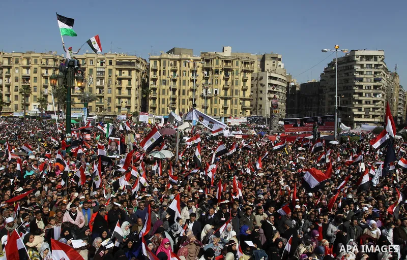 Egyptian demonstrators gather to celebrate the one year anniversary of the 25th January uprising at Tahrir square in Cairo, Egypt, 25 January 2012. One year earlier the same day Egyptians started an uprising which result...
