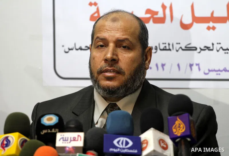 Hamas leader, Khalil El-Hiah, speaksto media during a press conference to learn the latest developments the reconciliation agreement between Fatah and Hamas factions in Gaza City on Jan. 26, 2012. Photo by Mohammed Asad