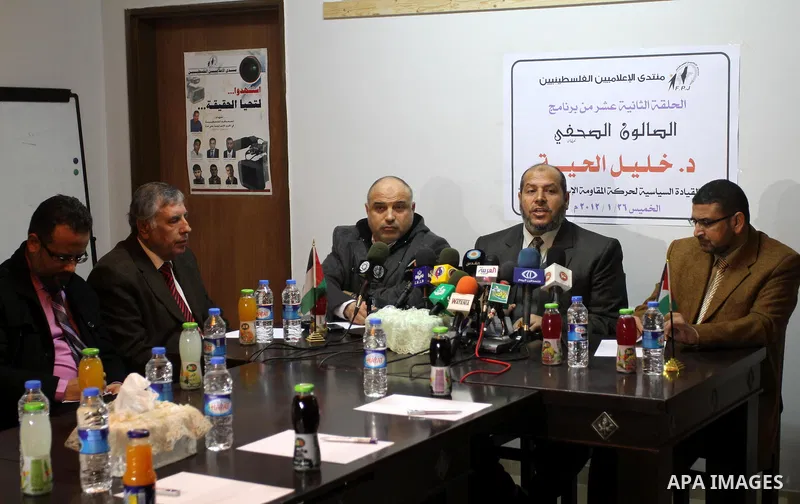 Hamas leader, Khalil El-Hiah, speaksto media during a press conference to learn the latest developments the reconciliation agreement between Fatah and Hamas factions in Gaza City on Jan. 26, 2012. Photo by Mohammed Asad