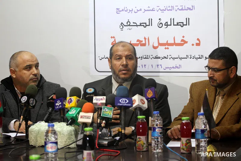 Hamas leader, Khalil El-Hiah, speaksto media during a press conference to learn the latest developments the reconciliation agreement between Fatah and Hamas factions in Gaza City on Jan. 26, 2012. Photo by Mohammed Asad