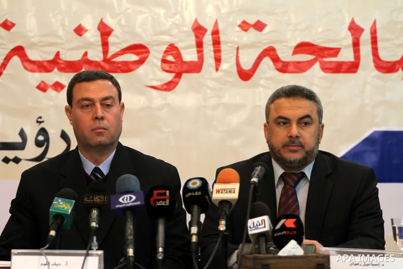 Palestinian Senior Hamas Leader Ismail Radwan, and representative of the Fatah Ziab El- Louh during Press conference to learn the latest developments the reconciliation agreement between Fatah and Hamas factions in Gaza...